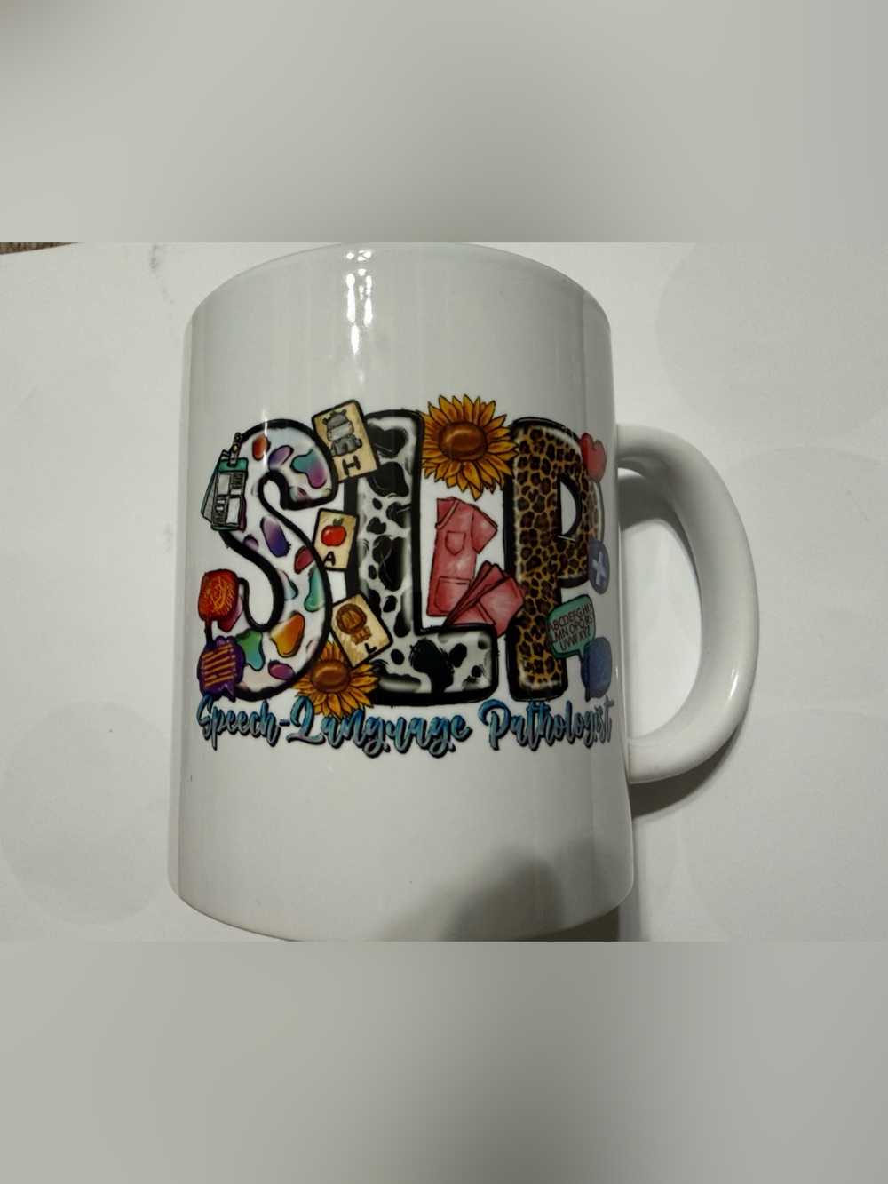 White Ceramic SLP Graphic Mug — Colorful Speech-Language Design NWOT